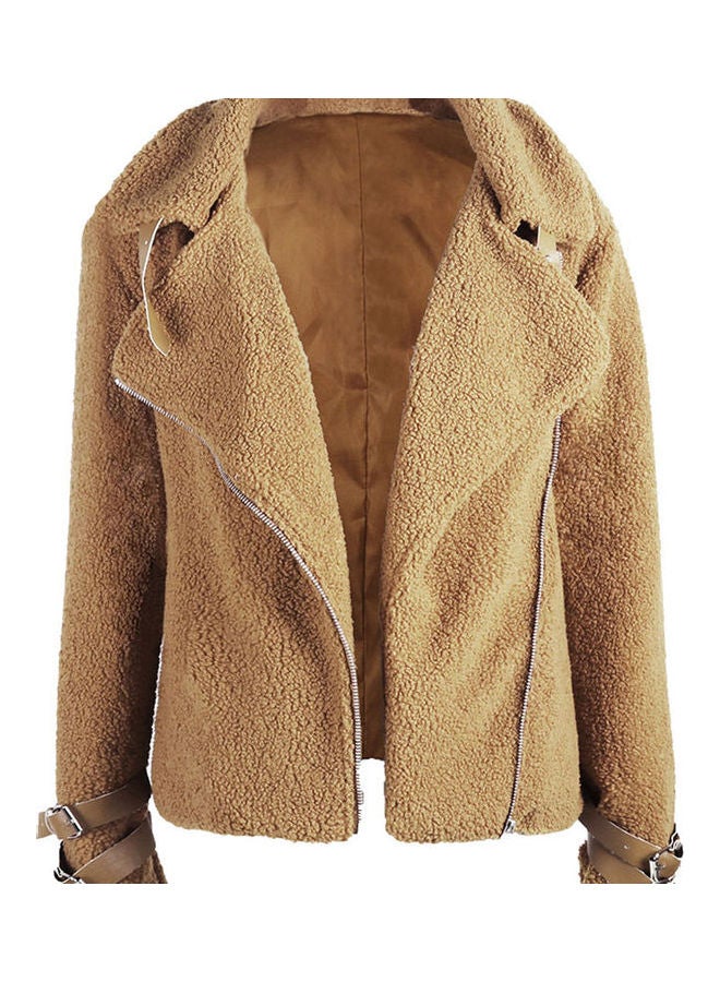 Thicken Plush Lapel Long Sleeve Zipper Women Jacket Khaki - Image 1