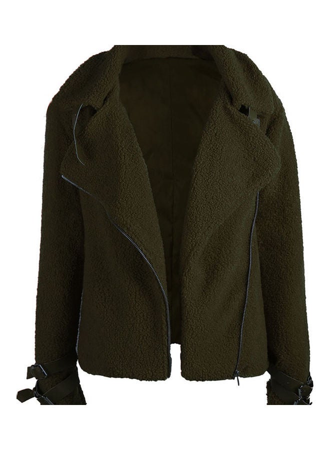 Thicken Plush Lapel Long Sleeve Zipper Women Jacket Army Green - Image 1