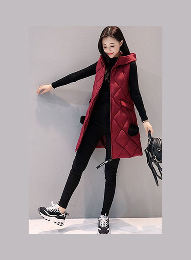 Autumn Winter Sleeveless Vest Waistcoat  Hooded Jacket Red - Image 2