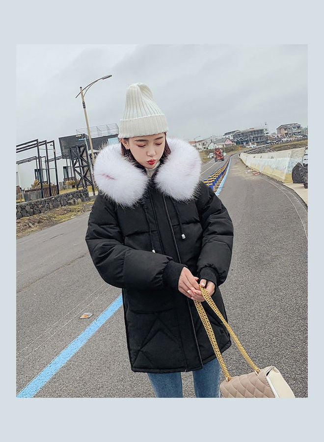 Fashion Wool Collar Down Hooded Jacket Black - Image 1