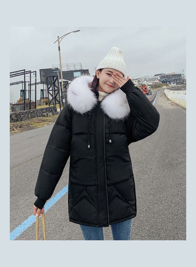 Fashion Wool Collar Down Hooded Jacket Black - Image 3