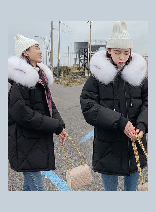 Fashion Wool Collar Down Hooded Jacket Black - Image 4