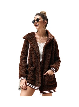 Casual Velvet Outwear With Two Pockets Hoodie Cardigan Brown - v1608638587/N43215828V_1