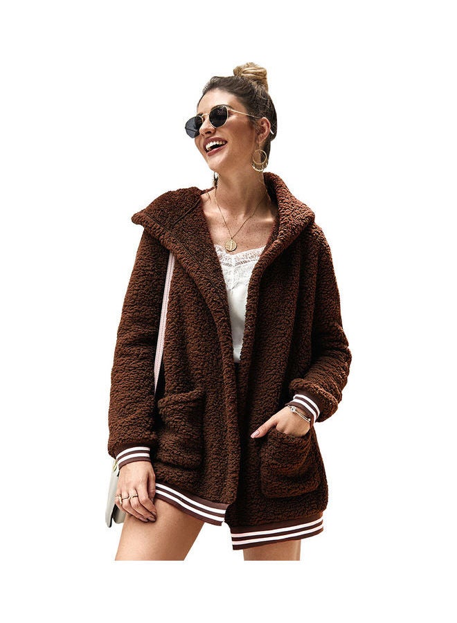 Generic - Casual Velvet Outwear With Two Pockets Hoodie Cardigan Brown - Image 1