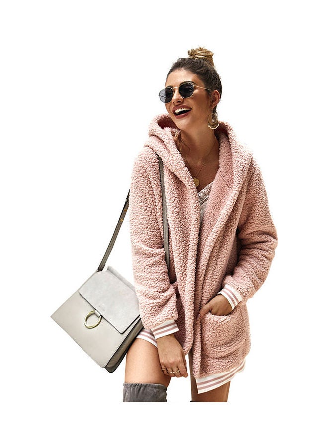 Casual Velvet Outwear With Two Pockets Hoodie Cardigan Pink - Image 2