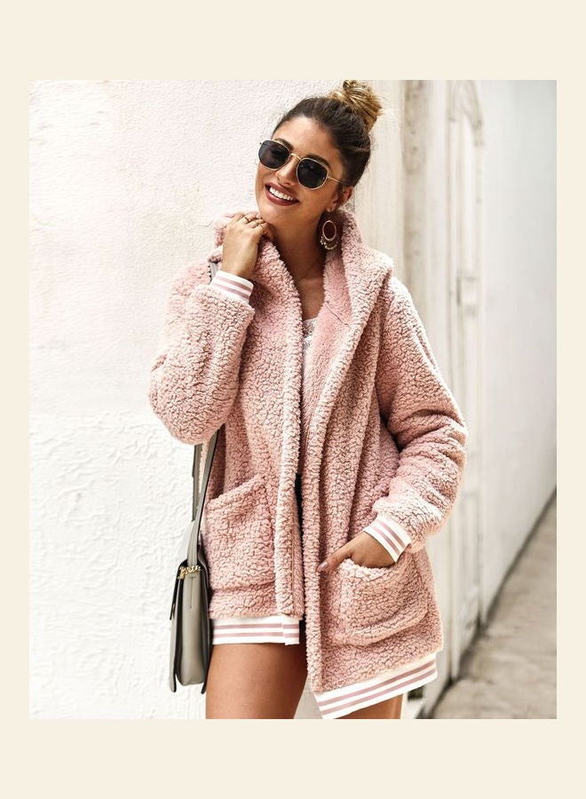 Casual Velvet Outwear With Two Pockets Hoodie Cardigan Pink - Image 3