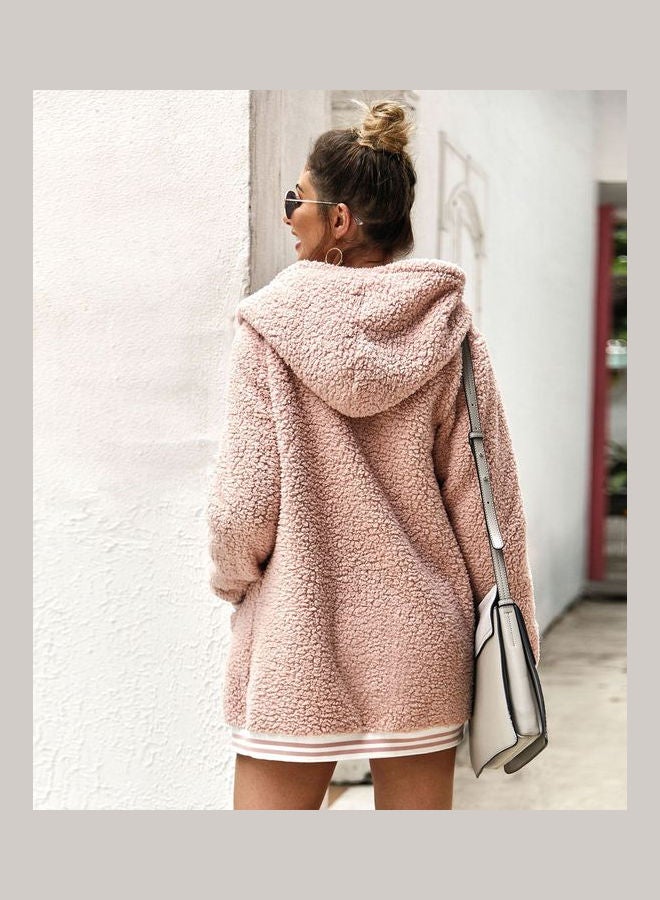 Casual Velvet Outwear With Two Pockets Hoodie Cardigan Pink - Image 5