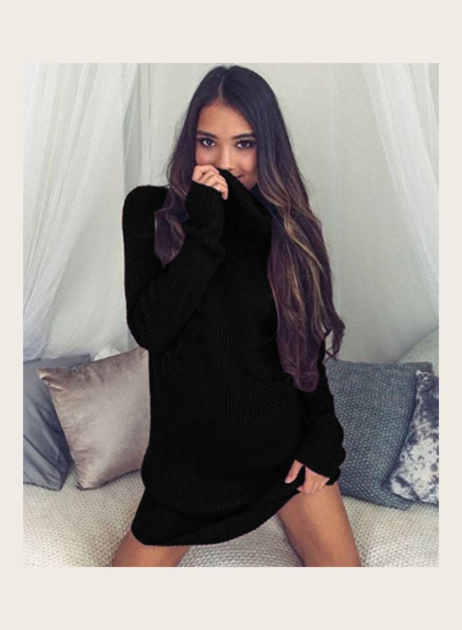 High Collar Solid Color Pullover Sweater Black  - Image 1