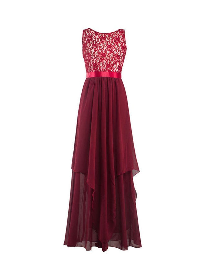 Glorysunshine Women Modest Sleeveless Lace Chiffon Maxi Party Gown Burgundy - Image 1