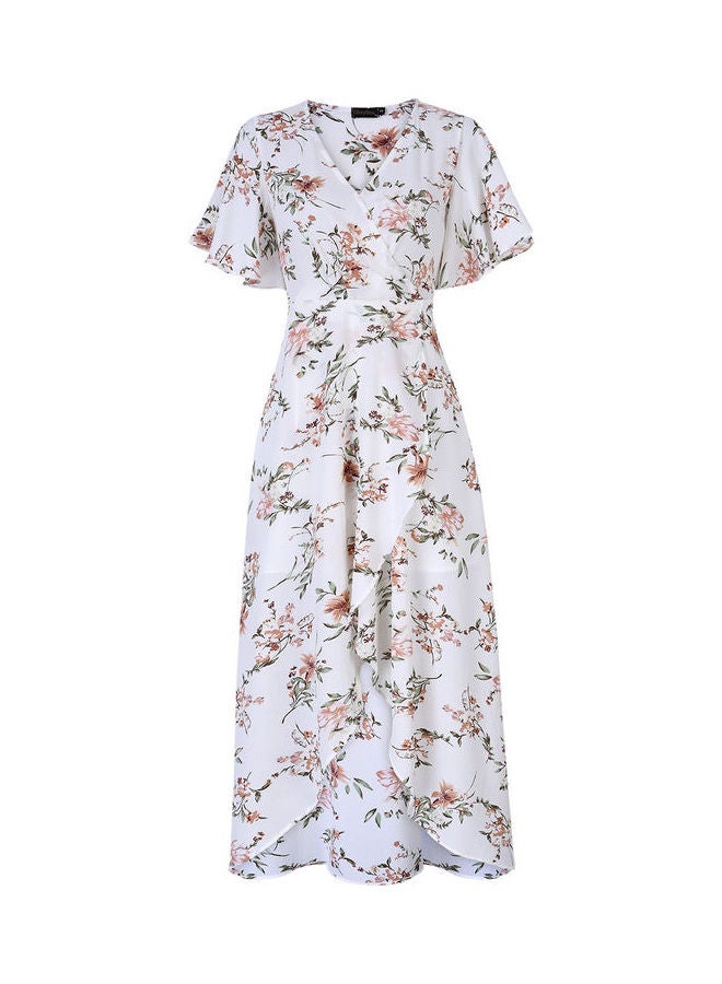 Chiffon Dress V-neck Maxi Floral Print White - Image 4