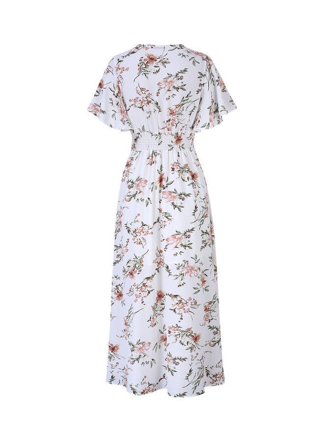 Chiffon Dress V-neck Maxi Floral Print White - Image 3