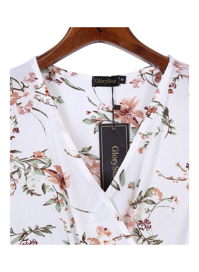 Chiffon Dress V-neck Maxi Floral Print White - Image 1