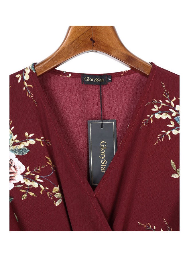 Floral Print Middle Waist Split Maxi Wine Red - Image 4