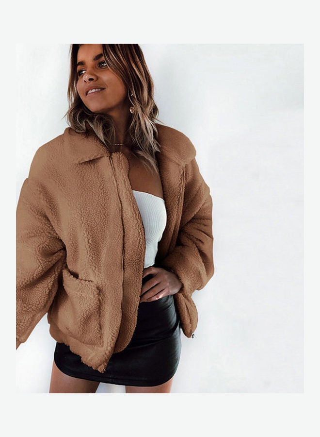 Loose Zipper Solid Colour Plush Top Coat Camel