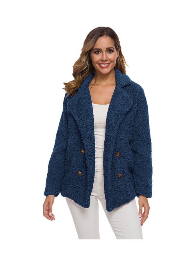 Double-Breasted Loose Lamb Fur Coat Dark Blue 