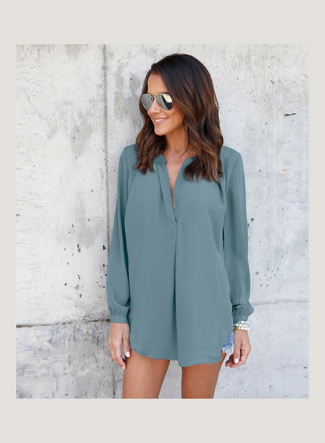 Turn-down Collar Pullover Shirt Peacock Blue