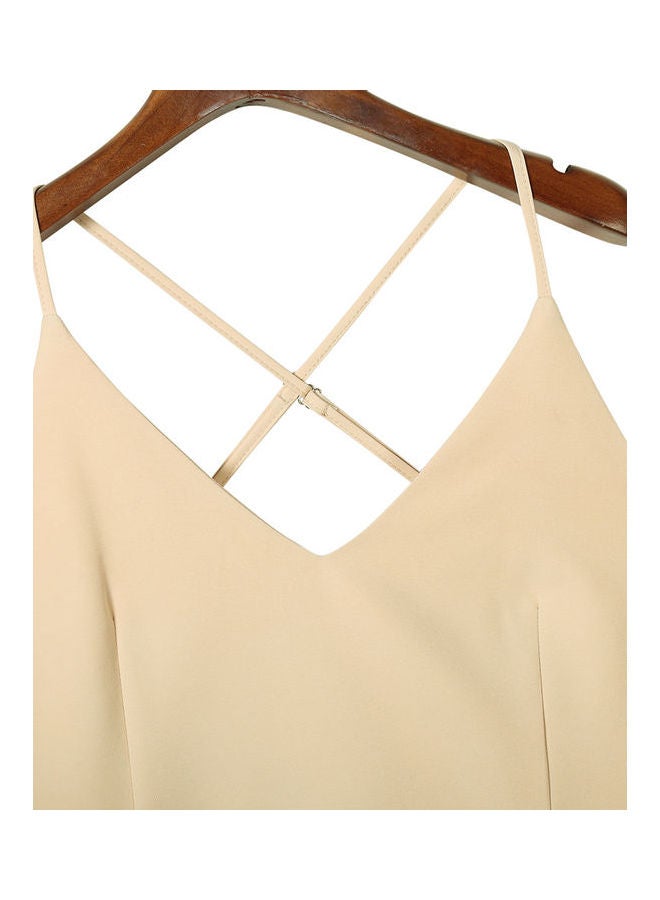 Glorysunshine Women Deep Spaghetti Strap Dress Beige - Image 4