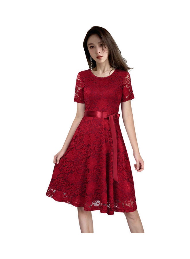 GloryStar Solid A-Line Bowknot Cocktail Party Lace Midi Dress Burgundy - Image 1