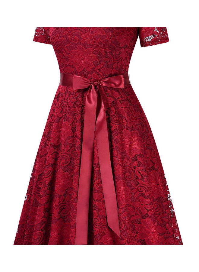 GloryStar Solid A-Line Bowknot Cocktail Party Lace Midi Dress Burgundy - Image 2