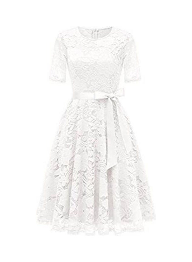 GloryStar Solid A-Line Bowknot Cocktail Party Lace Midi Dress White - Image 1