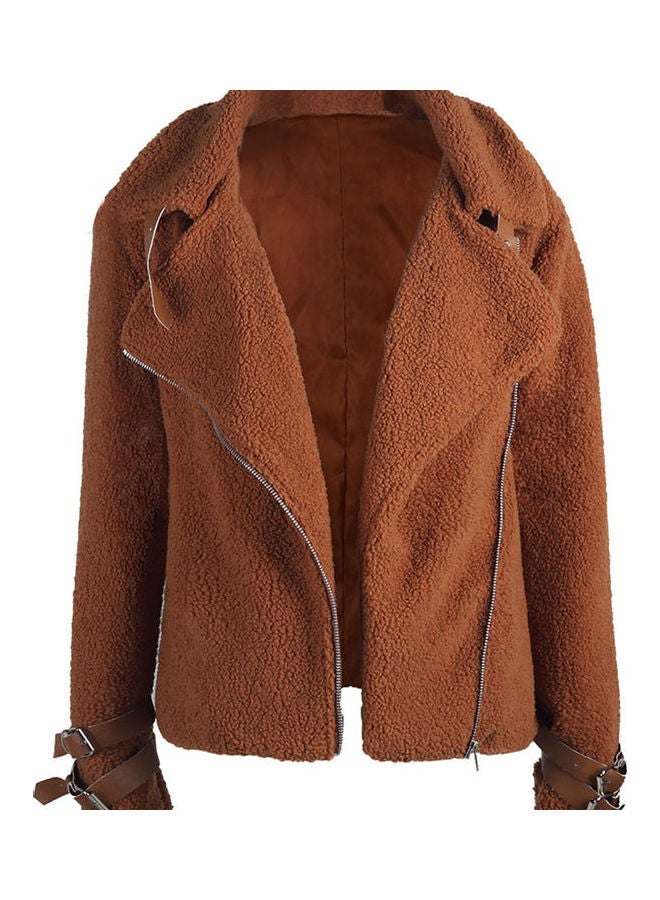 Thicken Plush Lapel Long Sleeve Zipper Women Jacket Caramel  - Image 1