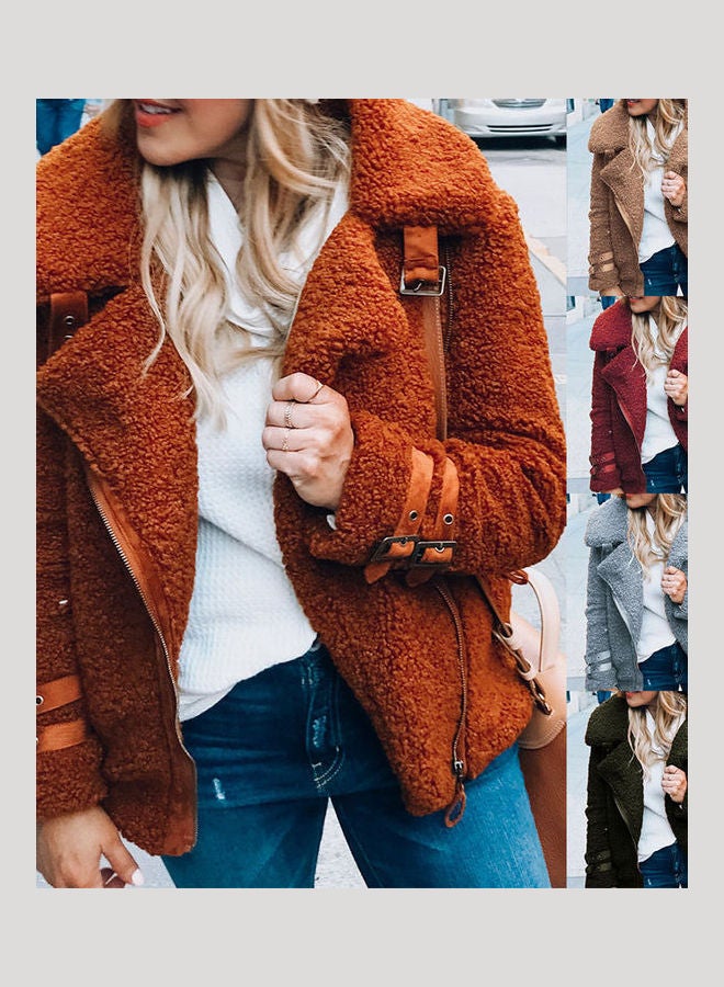 Thicken Plush Lapel Long Sleeve Zipper Women Jacket Caramel  - Image 3