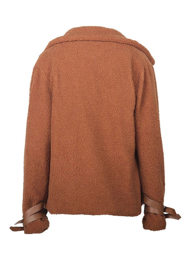 Thicken Plush Lapel Long Sleeve Zipper Women Jacket Caramel  - Image 4