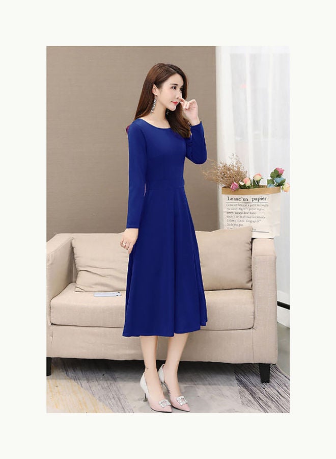 Long Sleeve Breathable Collar Slim Dress Navy Blue - Image 1