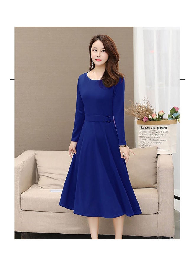 Long Sleeve Breathable Collar Slim Dress Navy Blue - Image 3