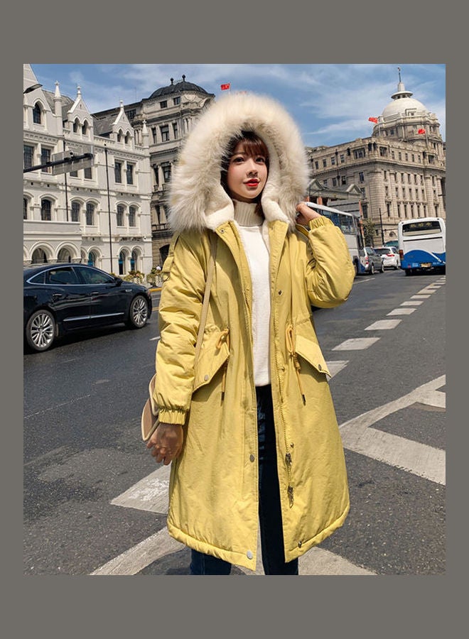 Autum Winter Loose Waist Tighten Slim Coat Yellow - Image 1