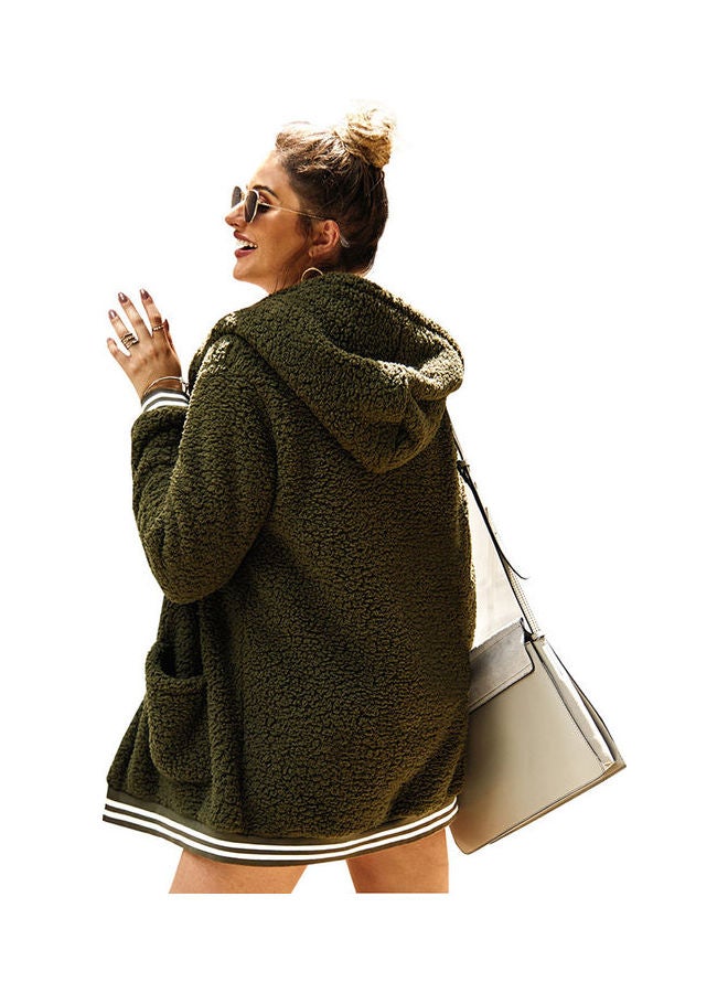 Casual Velvet Outwear With Two Pockets Hoodie Cardigan Army Green - Image 2