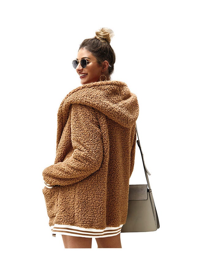 Casual Velvet Outwear with Two Pockets Hoodie Cardigan Khaki - Image 2