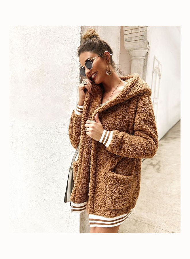 Casual Velvet Outwear with Two Pockets Hoodie Cardigan Khaki - Image 4