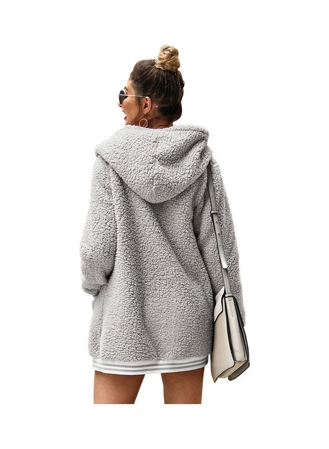Casual Velvet Outwear With Two Pockets Hoodie Cardigan Light Grey  - Image 2