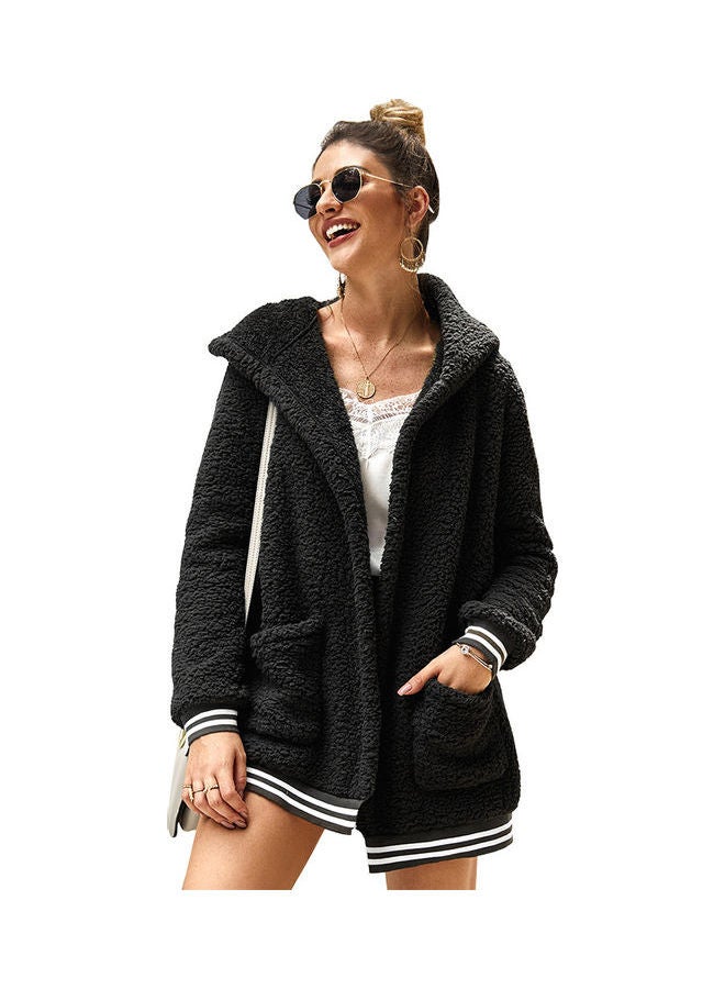 Casual Velvet Outwear With Two Pockets Hoodie Cardigan Black  - Image 1