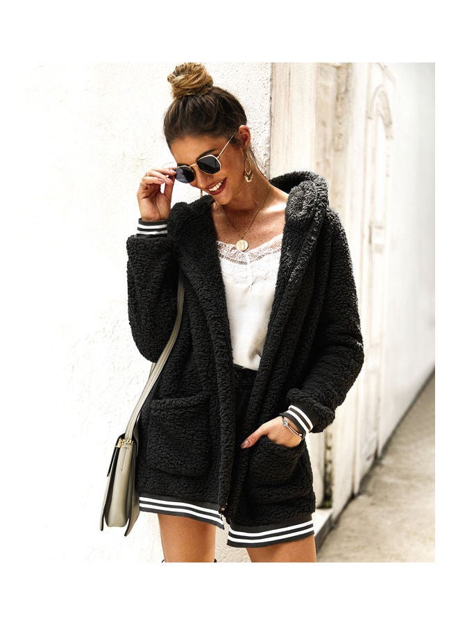 Casual Velvet Outwear With Two Pockets Hoodie Cardigan Black  - Image 2