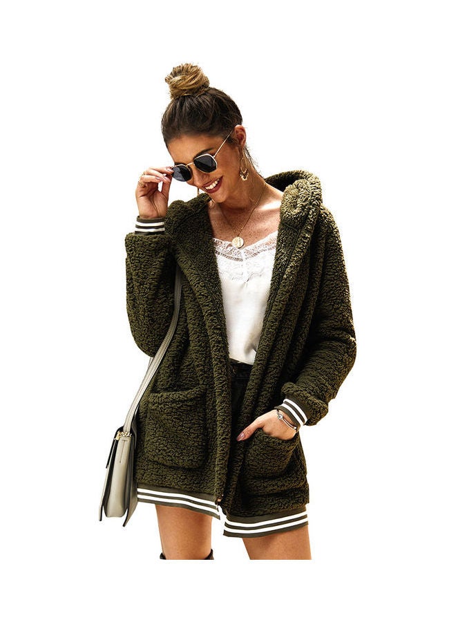 Casual Velvet Outwear With Two Pockets Hoodie Cardigan Army Green - Image 1
