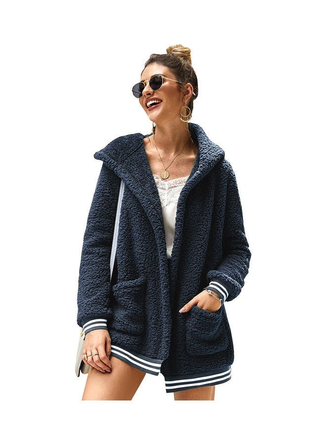 Casual Velvet Outwear With Two Pockets Hoodie Cardigan Royal Blue - Image 1