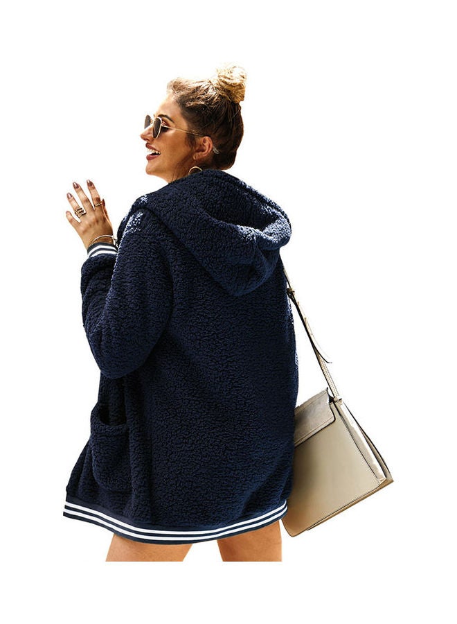 Casual Velvet Outwear With Two Pockets Hoodie Cardigan Royal Blue - Image 2
