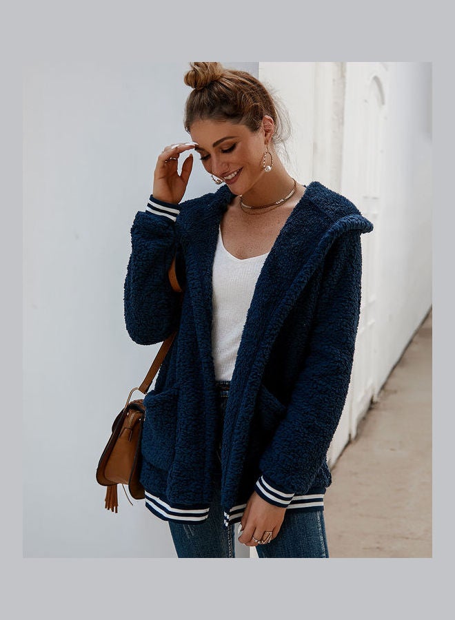 Casual Velvet Outwear With Two Pockets Hoodie Cardigan Royal Blue - Image 3