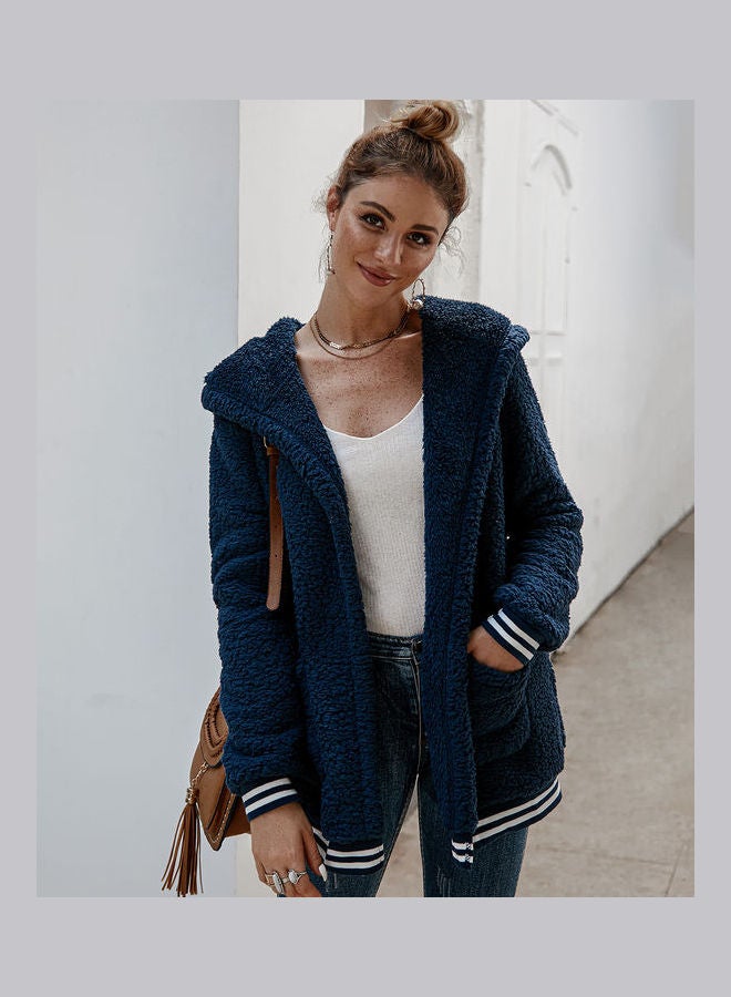Casual Velvet Outwear With Two Pockets Hoodie Cardigan Royal Blue - Image 4