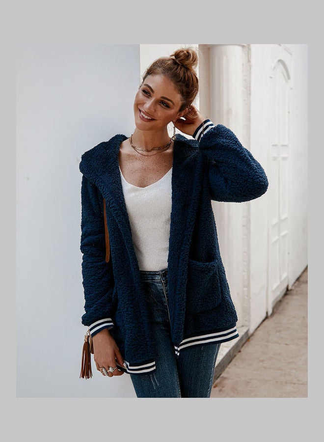 Casual Velvet Outwear With Two Pockets Hoodie Cardigan Royal Blue - Image 5
