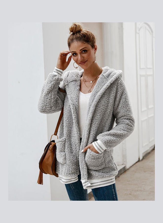 Casual Velvet Outwear With Two Pockets Hoodie Cardigan Light Grey  - Image 5
