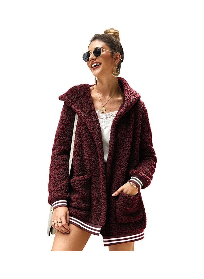 Casual Velvet Outwear With Two Pockets Hoodie Cardigan Red - Image 1