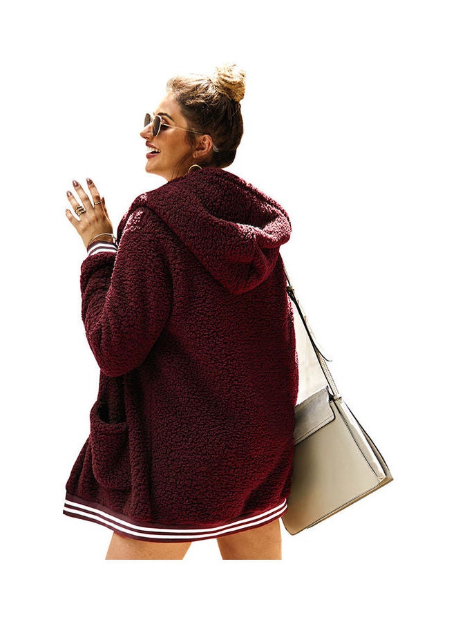 Casual Velvet Outwear With Two Pockets Hoodie Cardigan Red - Image 2