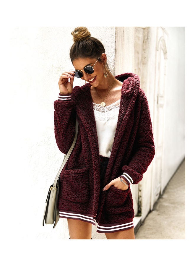 Casual Velvet Outwear With Two Pockets Hoodie Cardigan Red - Image 3