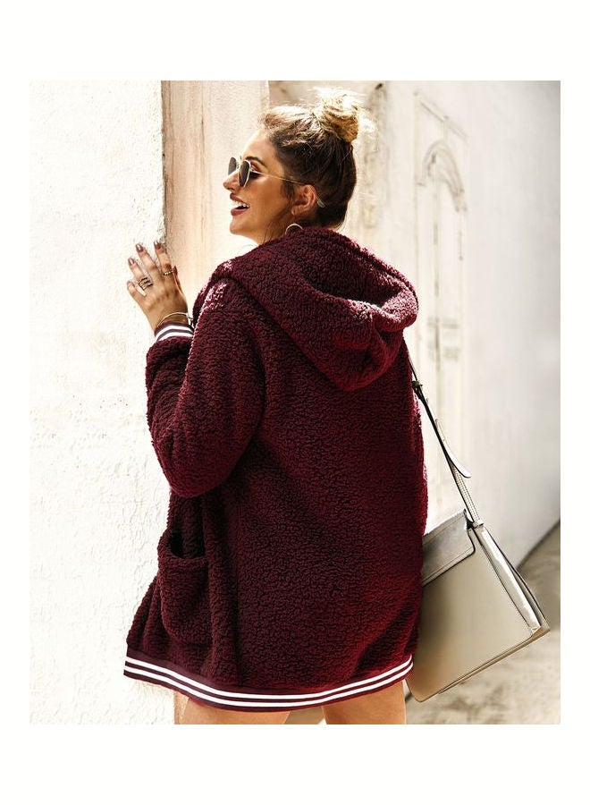 Casual Velvet Outwear With Two Pockets Hoodie Cardigan Red - Image 4