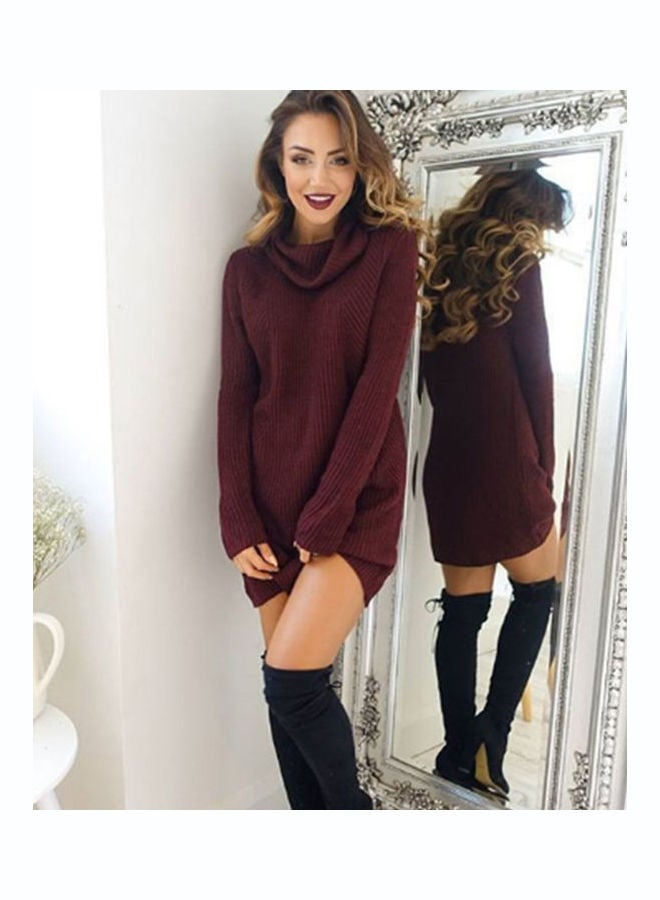 High Collar Solid Color Pullover Sweater Red  - Image 1