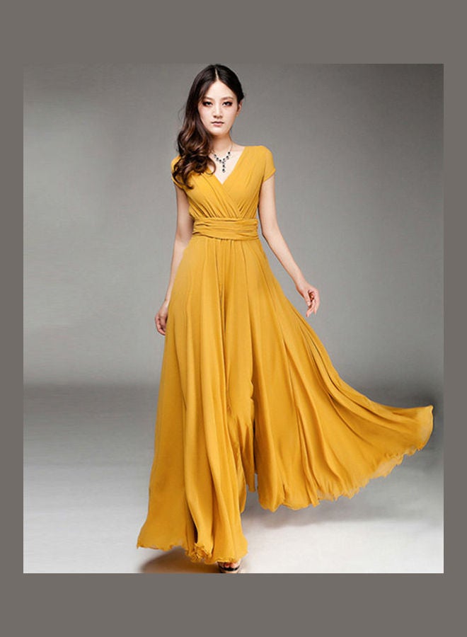 V-Neck Short Sleeves Dress Yellow 