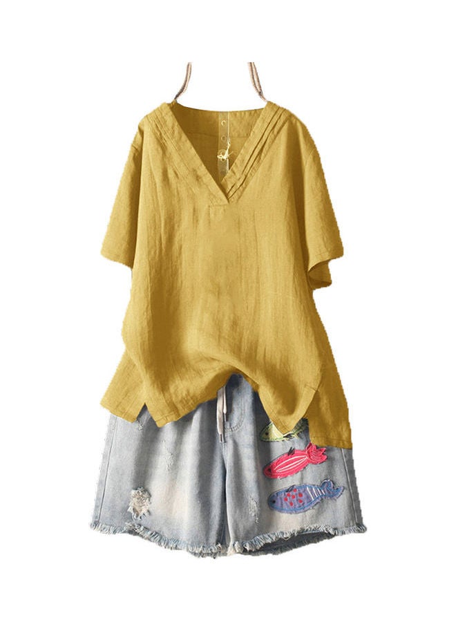Solid Short Sleeves V-Neck Blouse Yellow